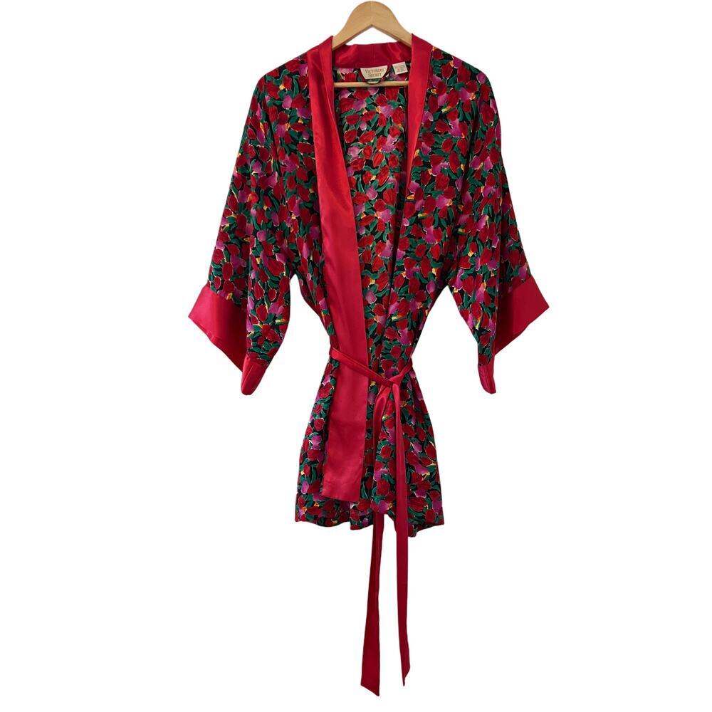 Vintage 80’s Victoria’s Secret Silky Red and Pink Floral Robe, EUC, One Size